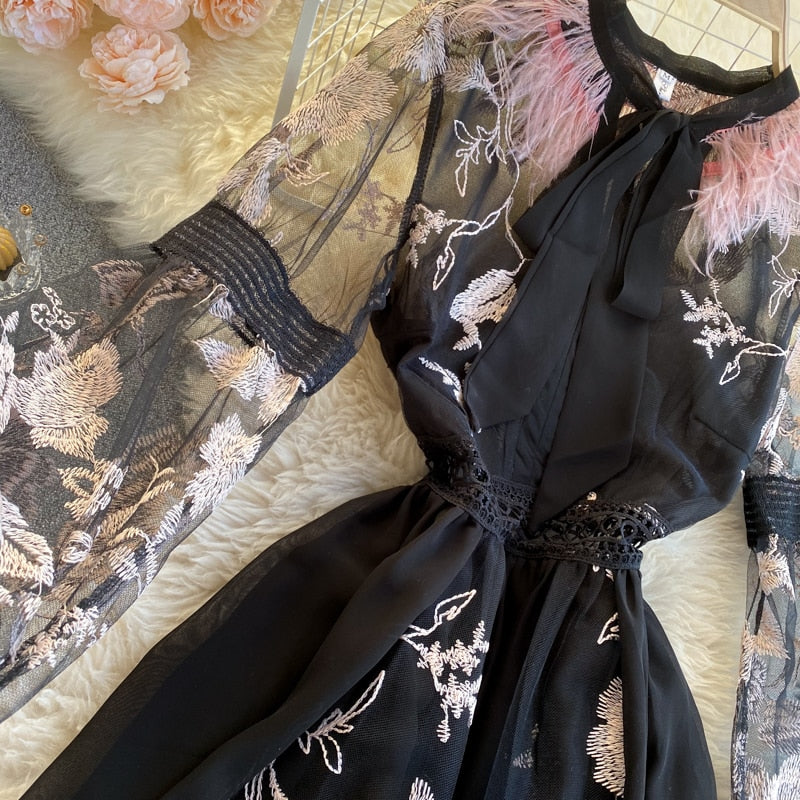 Midi Dress, Boho Vintage Dress, Embroidered Dress, Gown, Magnolia Feather in Black - Wild Rose Boho
