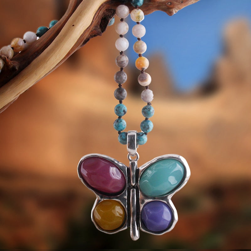 Boho Necklace, RH Crystal Butterfly Blue Natural Stone - Wild Rose Boho