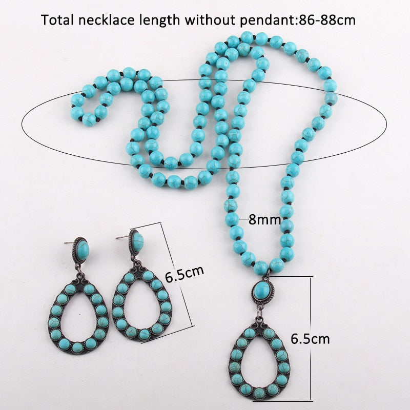 Boho Necklace, Jewelry Set, RH Turquoise White Blue Natural Stone - Wild Rose Boho