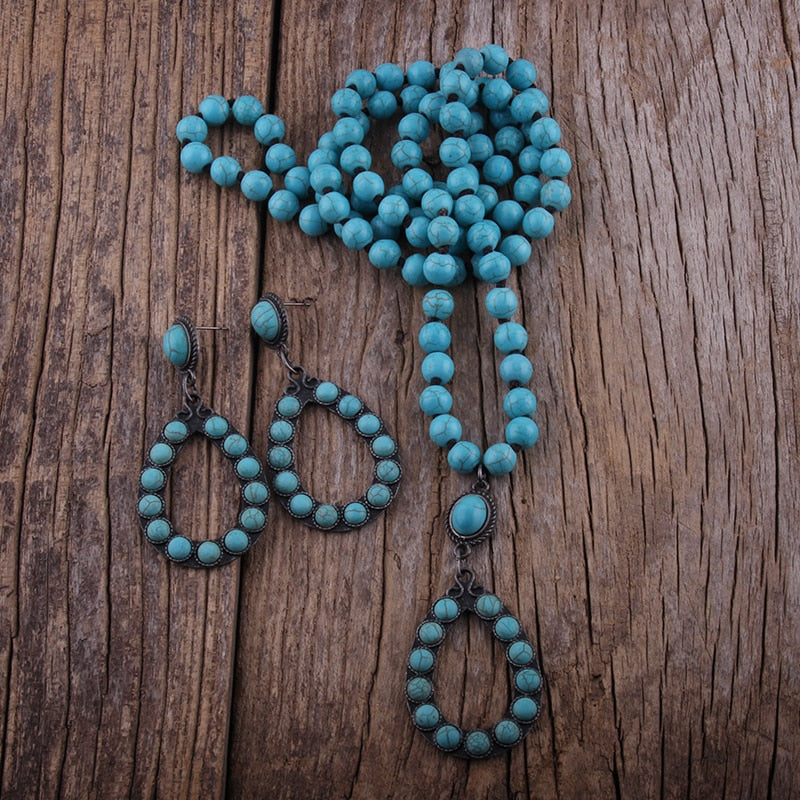 Boho Necklace, Jewelry Set, RH Turquoise White Blue Natural Stone - Wild Rose Boho