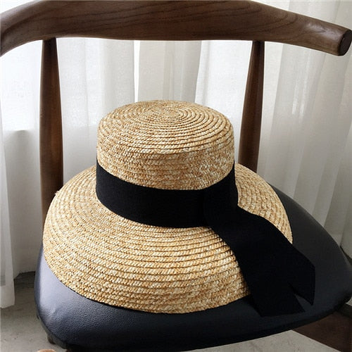 Boho Hat, Beach Hat, Straw Sun Hat, Vinatge Lady Black Ribbon - Wild Rose Boho