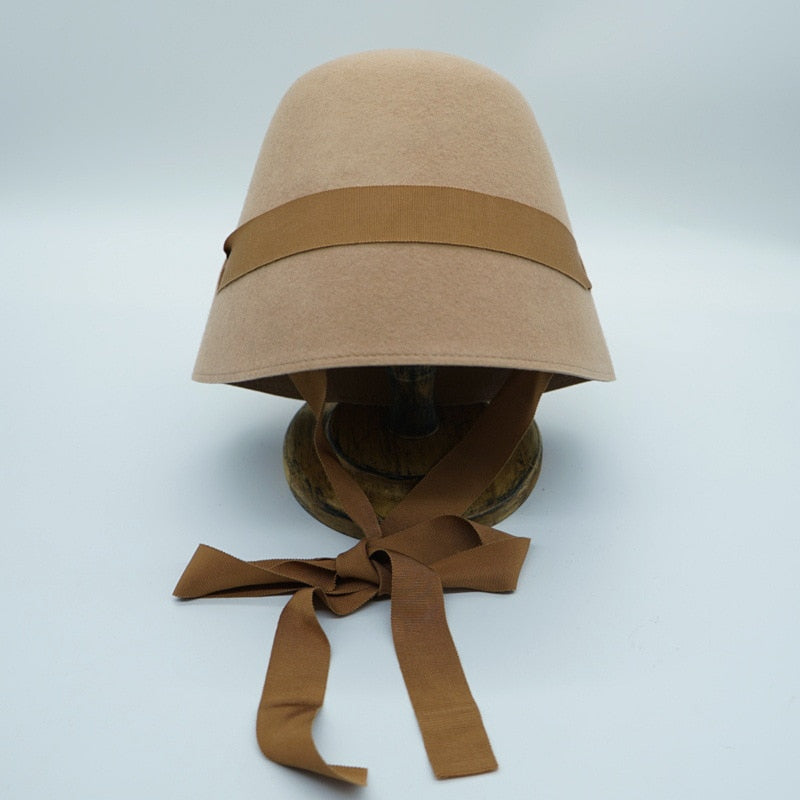Boho Hat, Autumn Winter Wool Hat, Vintage Black Lady Bucket Cap Ribbon