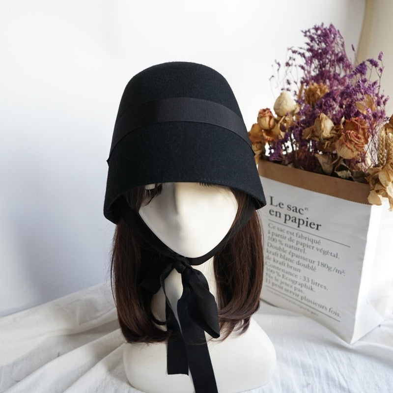 Boho Hat, Autumn Winter Wool Hat, Vintage Black Lady Bucket Cap Ribbon