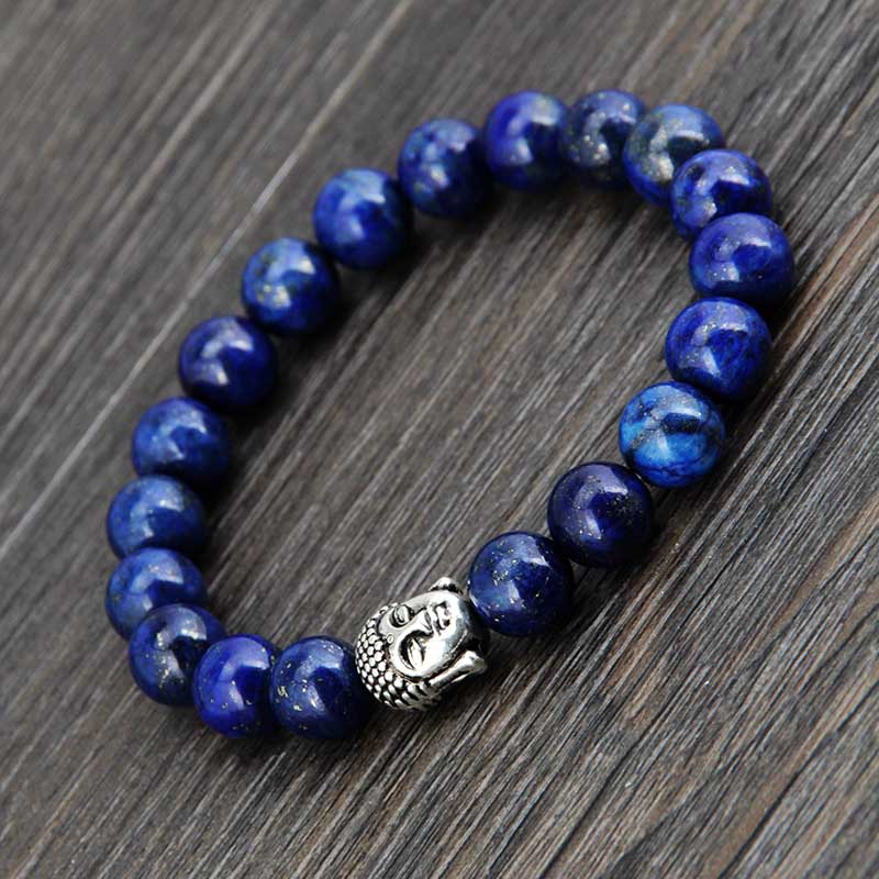 Boho Bracelet, Stretchy Bracelet, 8MM Blue Lapis Luzuli Antique Buddha - Wild Rose Boho