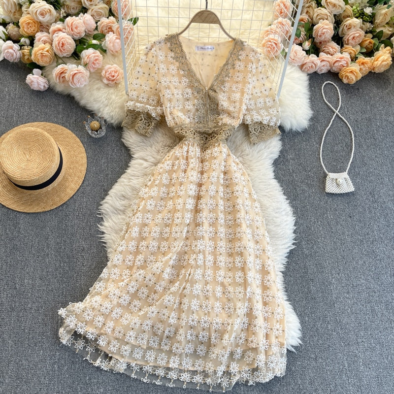 Midi Dress, Boho Vintage Lace Dress, Genevieve in Midnight and White Apricot - Wild Rose Boho