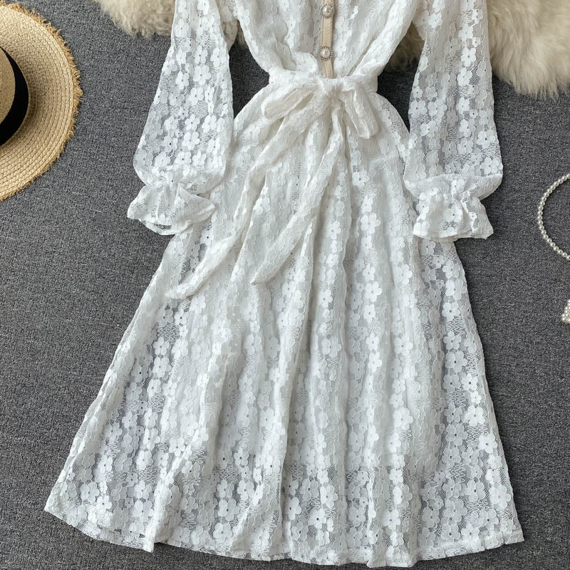Midi Dress, Boho Vintage Dress, Victoria White and Ivory Lace - Wild Rose Boho