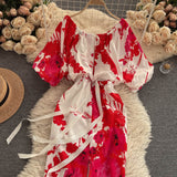 Midi Dress, Boho Vintage Dress, Red Rose Petal - Wild Rose Boho