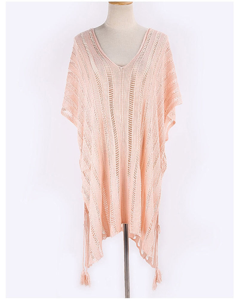 Beach Knitted Cover up, Lupe in White and Pink - Wild Rose Boho