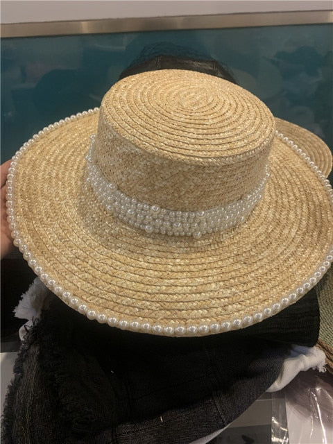 Boho Hat, Sun Beach Hat, Straw Bucket Hat, White Peal Trim - Wild Rose Boho