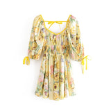 Boho Mini Dress Sundress, Vintage Elena Yellow Flower Garden
