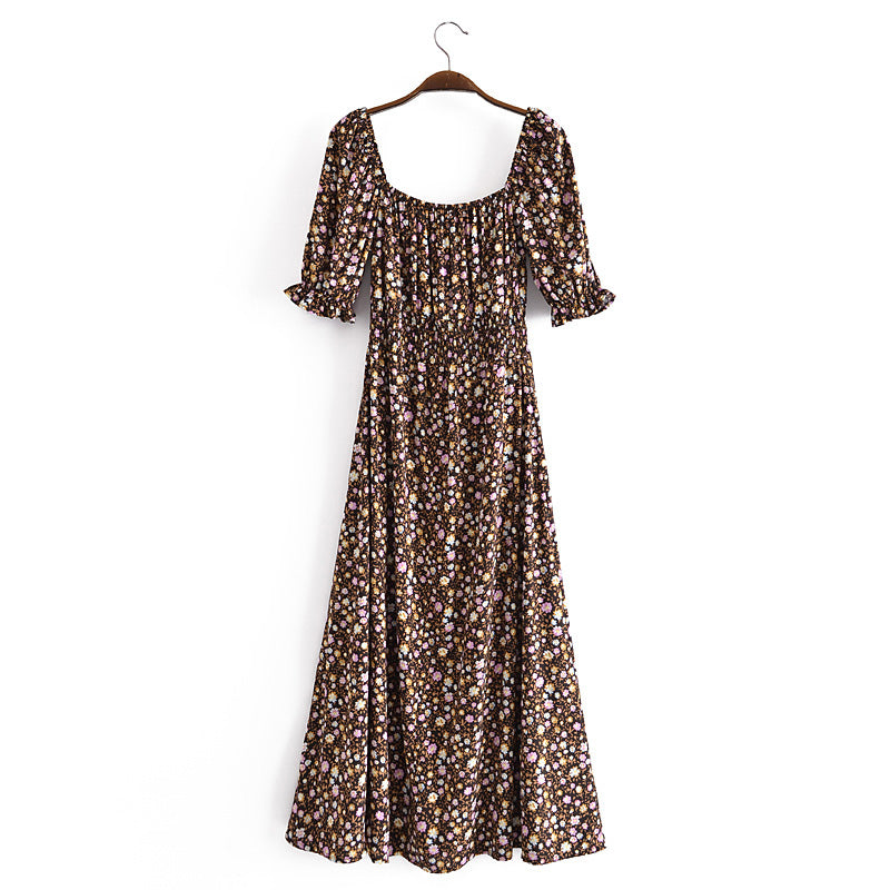 Midi Dress, Boho Dress, Off Shoulder Smocked Dress, Vintage Brown Gabriella - Wild Rose Boho