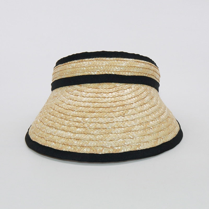 Boho Hat, Sun Hat, Beach Hat, Shade Visor Beige Straw Cap, Black Trim - Wild Rose Boho