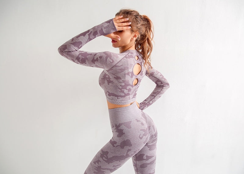 Boho Yoga Set, Printed Workout Set Top and Legging, Camo in Purple - Wild Rose Boho