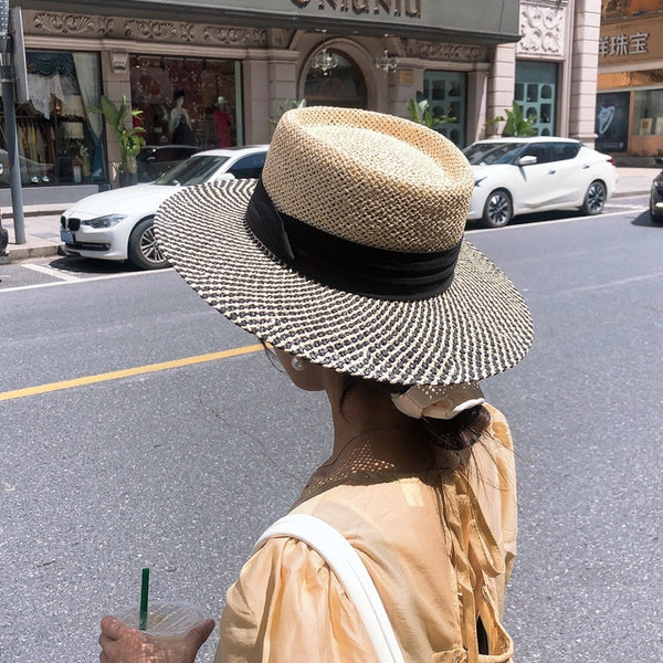 Boho Hat, Sun Beach Hat, Seagrass Fedora Hat, Lady Two Tone Black - Wild Rose Boho