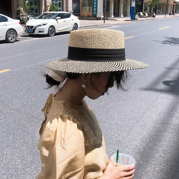 Boho Hat, Sun Beach Hat, Seagrass Fedora Hat, Lady Two Tone Black - Wild Rose Boho