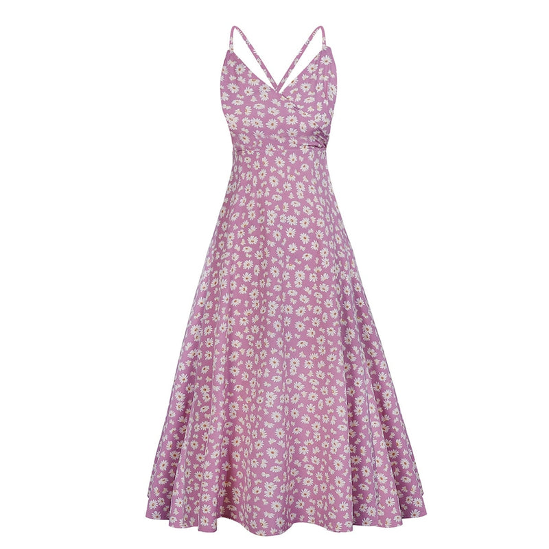 Midi Dress, Boho Dress, Strappy Sundress Emilie in Floral Purple - Wild Rose Boho