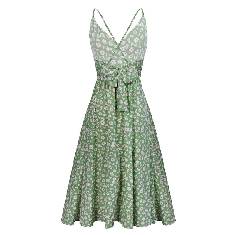 Midi Dress, Boho Dress, Strappy Sundress Emilie in Floral Green - Wild Rose Boho