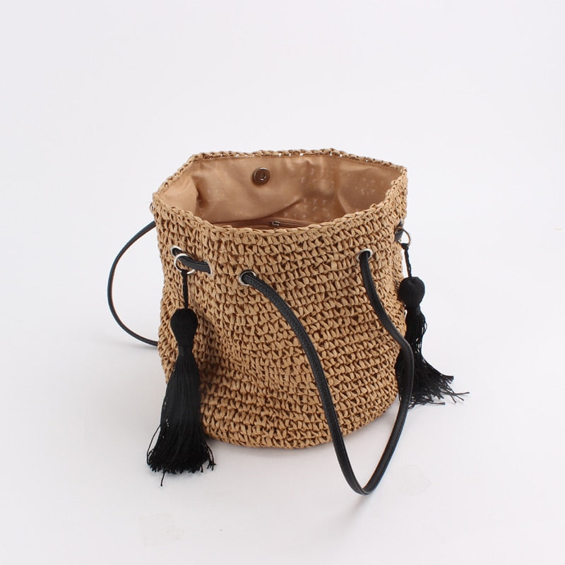 Boho Bag, Woven Straw Rope Bag, Brown Leisure Bucket bag - Wild Rose Boho