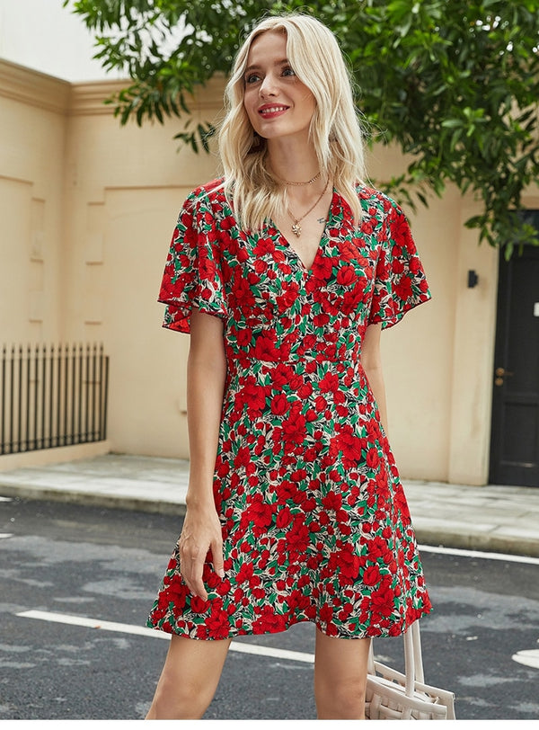 Mini Dress, Boho Dress, Sundress, Red Tulip Ruffle - Wild Rose Boho