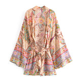 Boho Robe, Short Kimono Robe, Sweet Vintage Pink Flower - Wild Rose Boho