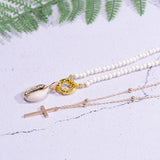 Boho Necklace, Seed Bead Choker, 2 Layers Cross & Shell