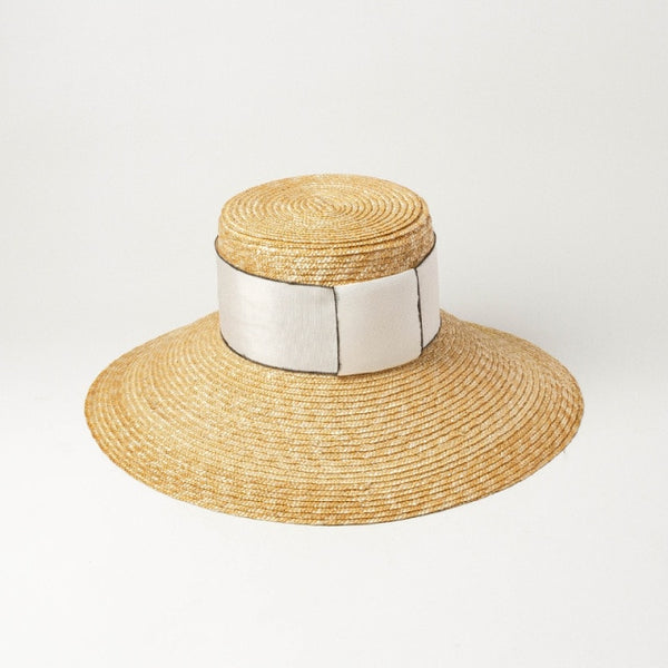 Boho Hat, Beach Sun Hat, Retro Straw Hat Anna with Ribbon Beige and Black - Wild Rose Boho