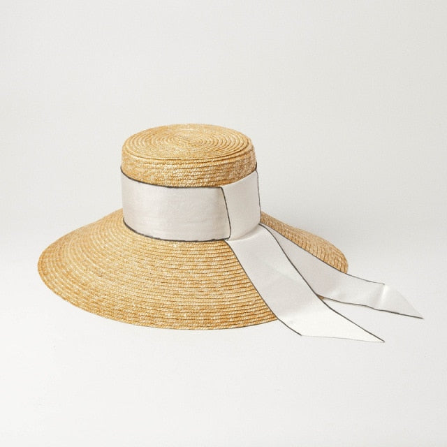 Boho Hat, Beach Sun Hat, Retro Straw Hat Anna with Ribbon Beige and Black - Wild Rose Boho
