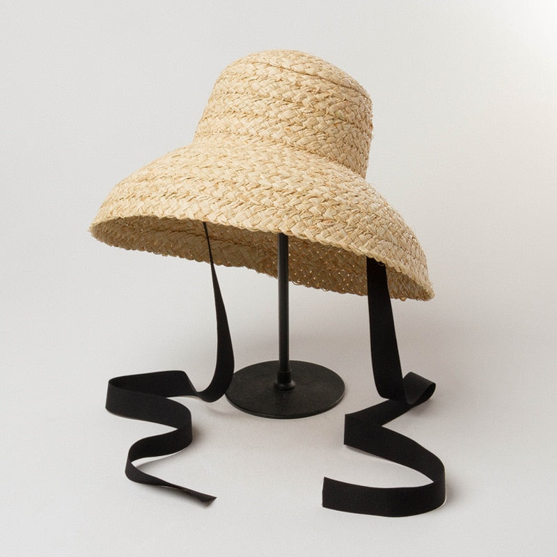 Boho Hat, Sun Beach Hat, Raffia Hat, Camila Retro Bucket Hat with Black and White Ribbon - Wild Rose Boho
