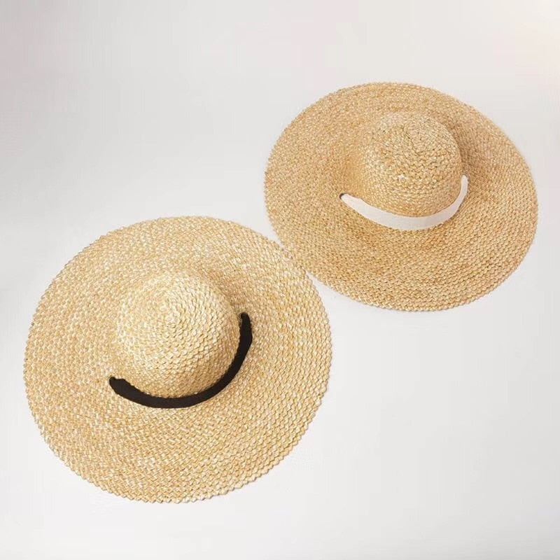 Boho Hat, Sun Beach Hat, Wide Brim Straw Hat, Sierra with Black and White Ribbon - Wild Rose Boho