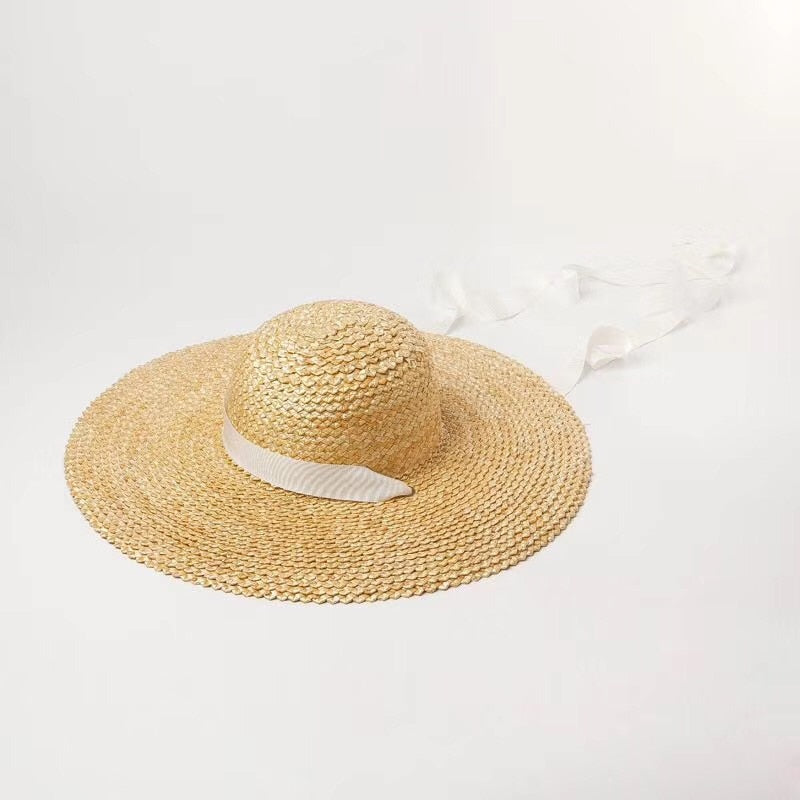 Boho Hat, Sun Beach Hat, Wide Brim Straw Hat, Sierra with Black and White Ribbon - Wild Rose Boho