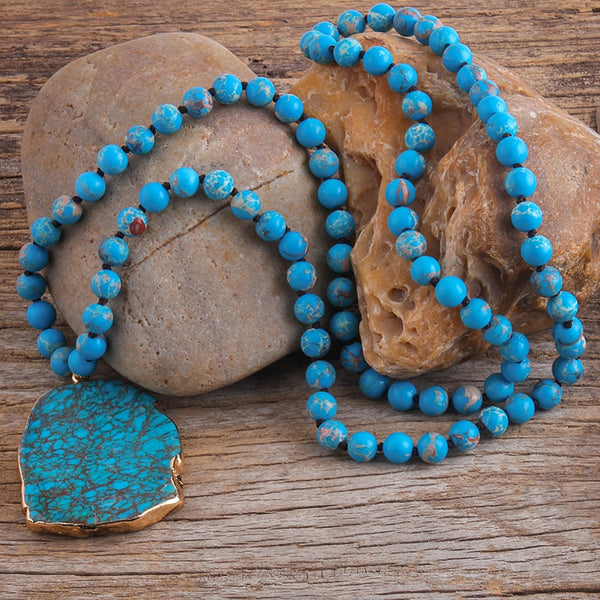 Boho Necklace, RH Turquoise Natural Stone in Blue and Green