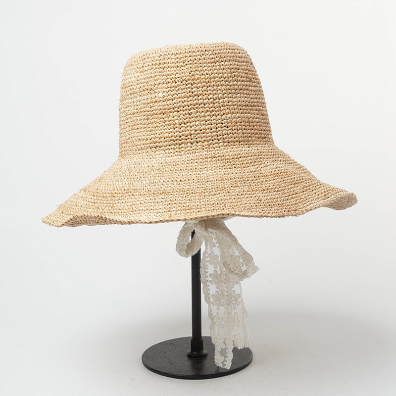 Boho Hat, Sun Hat, Crochet Raffia Bucket Hat, Renata with White Lace Ribbon - Wild Rose Boho