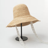 Boho Hat, Sun Hat, Crochet Raffia Bucket Hat, Renata with White Lace Ribbon - Wild Rose Boho