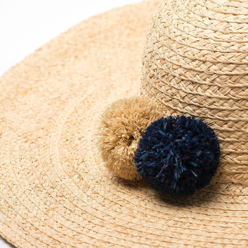 Boho Hat, Sun Beach Hat, Raffia Fedora Hat, Navy Pom Pom - Wild Rose Boho