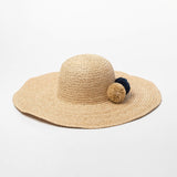 Boho Hat, Sun Beach Hat, Raffia Fedora Hat, Navy Pom Pom - Wild Rose Boho