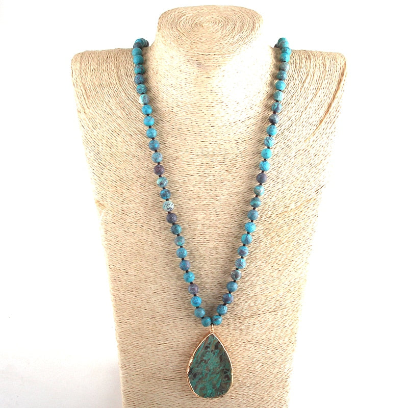 Boho Necklace, RH India Agated Blue and  Green Natural Stone