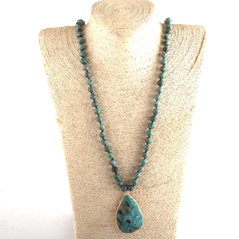 Boho Necklace, RH India Agated Blue and  Green Natural Stone