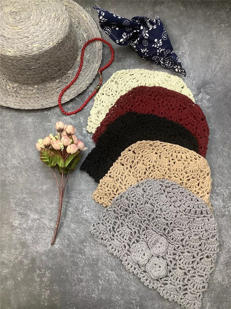 Boho Hat, Crochet Bucket Hat, Emmie Flower in Black, White, Yellow and Beige - Wild Rose Boho