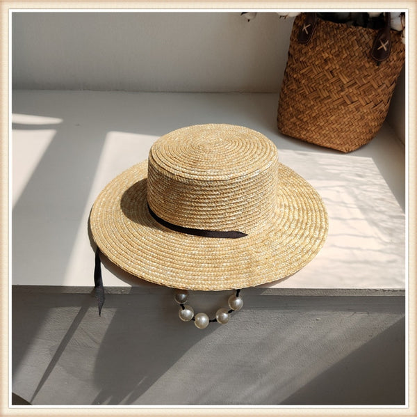 Boho Hat, Beach Sun Hat, Brim Straw Hat, Analia Peal Strap - Wild Rose Boho