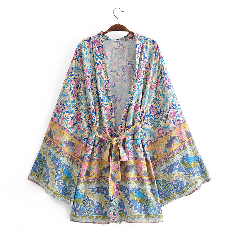 Boho Robe, Short Kimono Robe, Elliana Blue Peyton - Wild Rose Boho