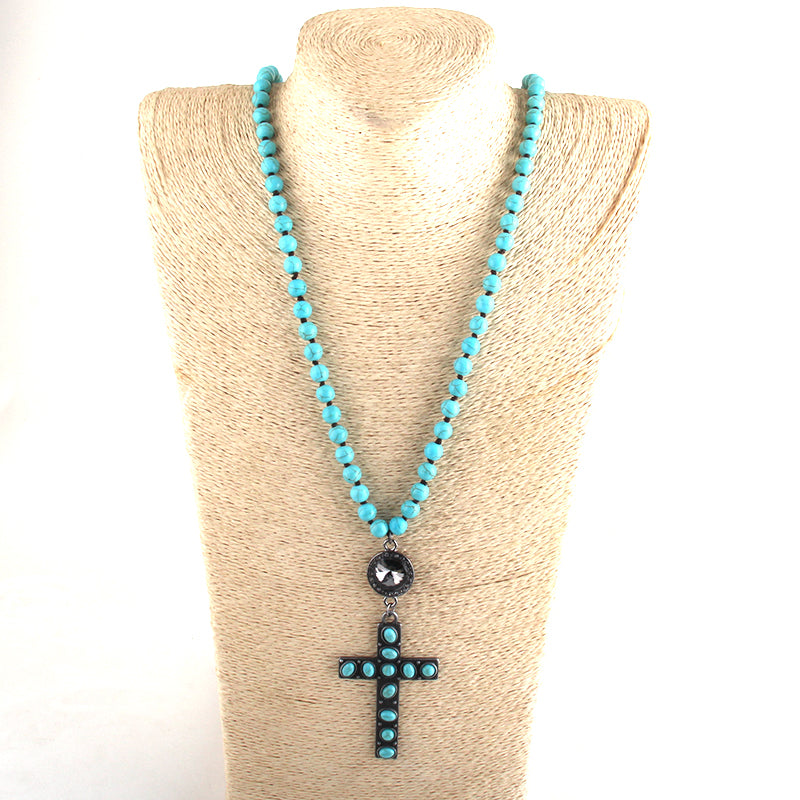 Boho Necklace, RH Precious Blue Lava Stone, Cross