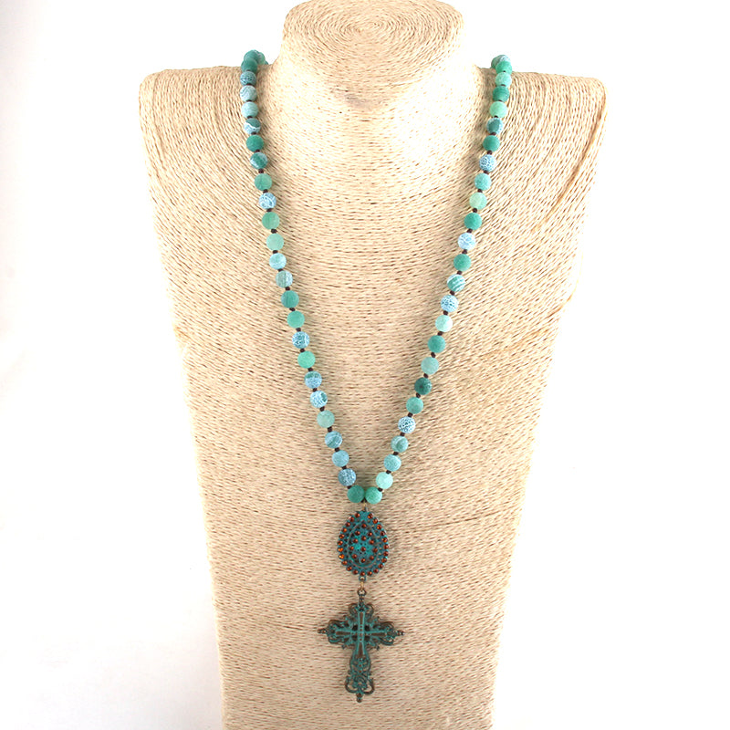 Boho Necklace, RH Precious Blue Lava Stone, Cross