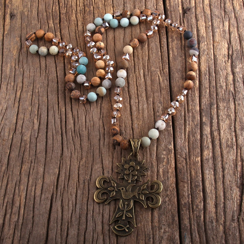Boho Necklace, RH Precious Lava Stone, Cross and Bird