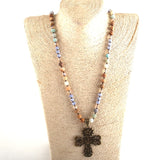 Boho Necklace, RH Precious Lava Stone, Cross and Bird