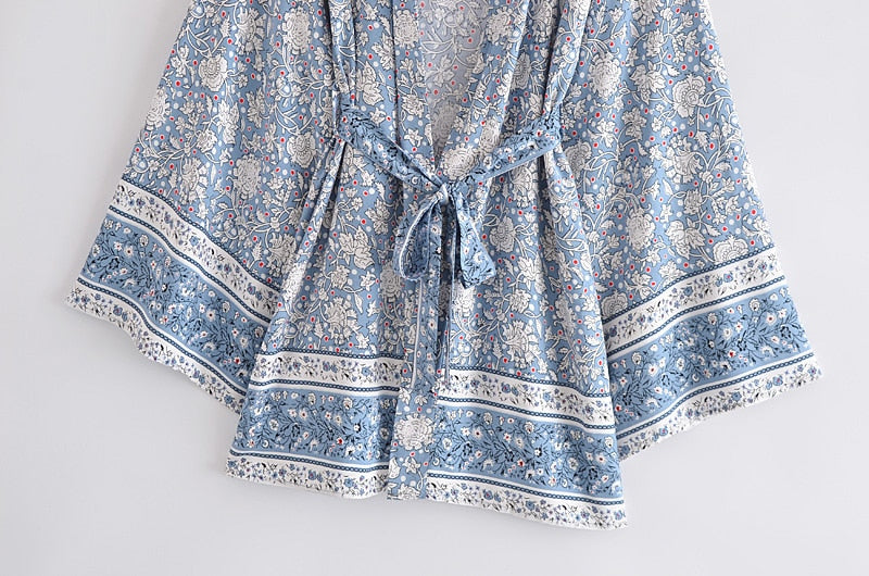 Boho Robe, Short Kimono Robe, Esme Wild Flower Blue Sky - Wild Rose Boho
