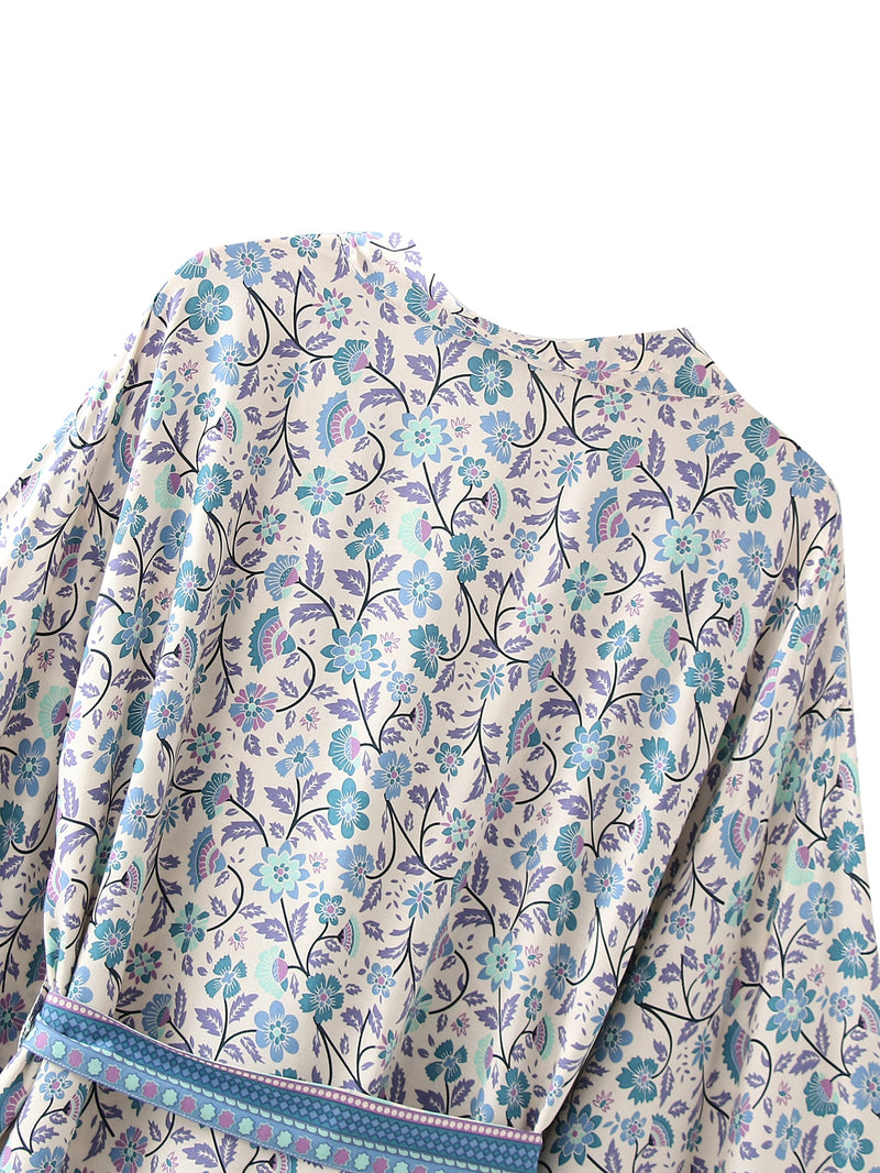 Boho Robe, Short Kimono Robe, Irma Blue Lilac - Wild Rose Boho