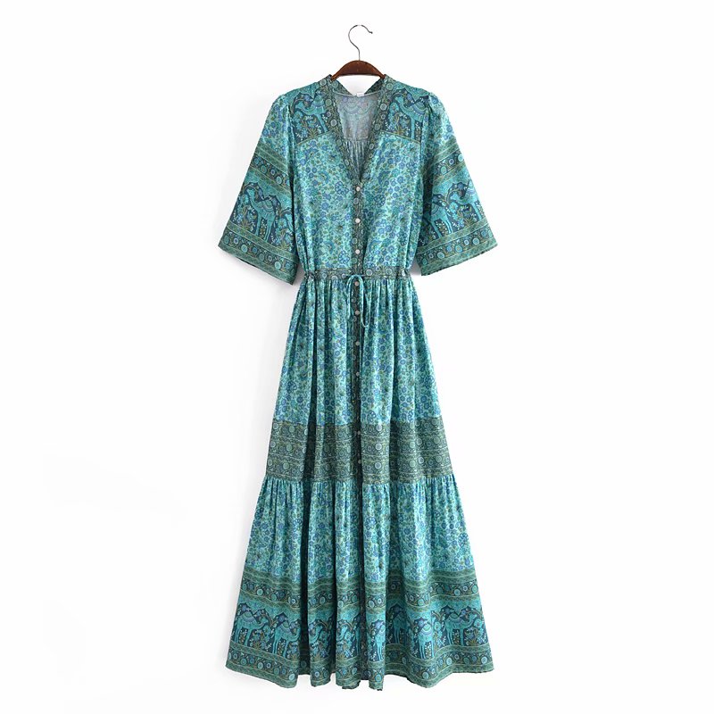 bohemian maxi dress uk Green Paisley Print Boho Maxi Dress