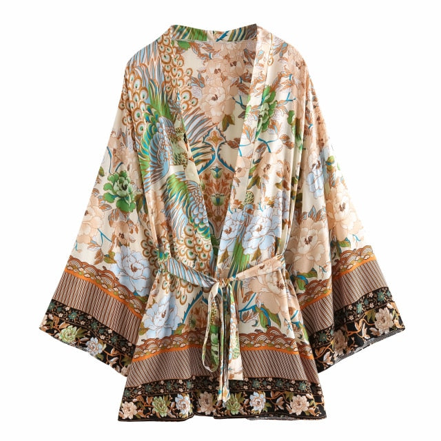Boho Short Kimono Robe, Special Price, Dolores in Green, Brown and Black