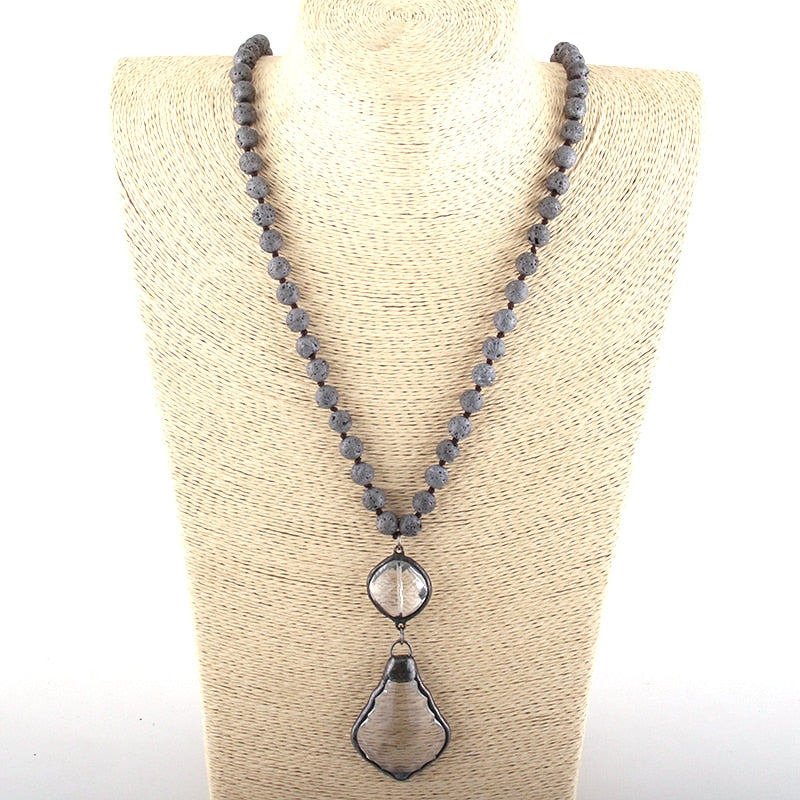 Boho Necklace, RH Antique Brass Lava Stone Glass