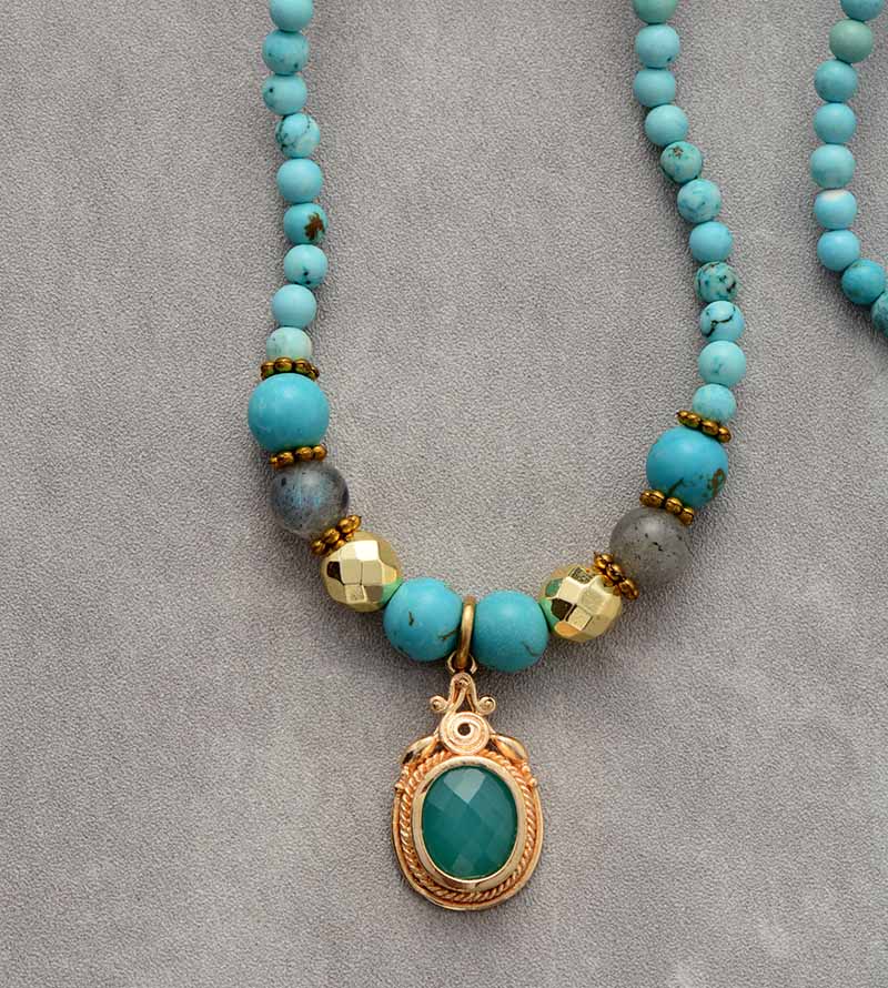 Boho Necklace, Mala Stone Beads Turquoise Gold